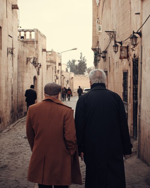 Free Two elderly men in coats walk down a narrow, historical street lined with classic architecture. Stock Photo