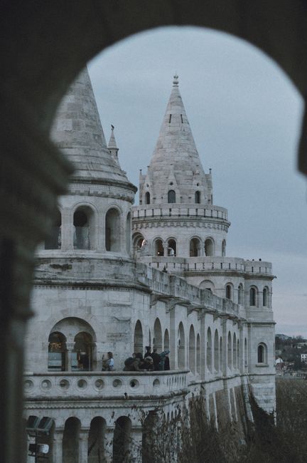 Stunning view of Fisherman's Bastion in Budapest, featuring Neo-Romanesque architecture.