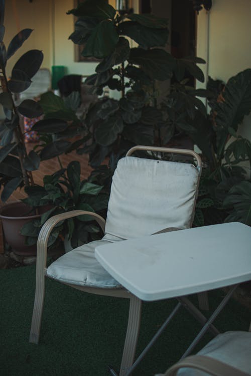 A white chair and table in front of a plant