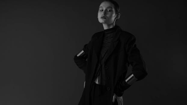 Sophisticated portrait of a woman with short hair posing elegantly in a monochrome studio setting.