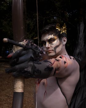 Close-up of a fantasy archer in dark artistic makeup and costume outdoors.