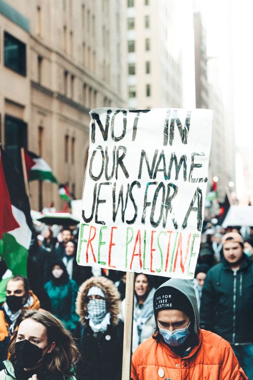 Free Demonstration in city streets advocating for Palestinian freedom. Stock Photo