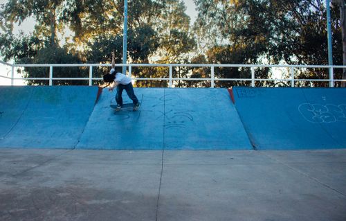 Free A skateboarder in casual attire performs a trick on a ramp at an urban skatepark surrounded by trees. Stock Photo