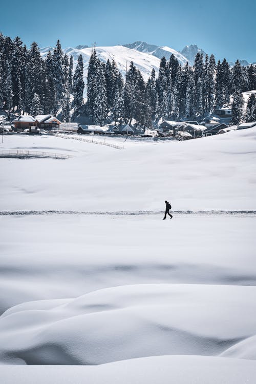 Person Hiking in Winter near Village and Forest