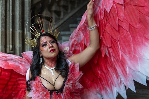 Portrait of a Pretty Brunette Wearing a Costume with Large Red Wings