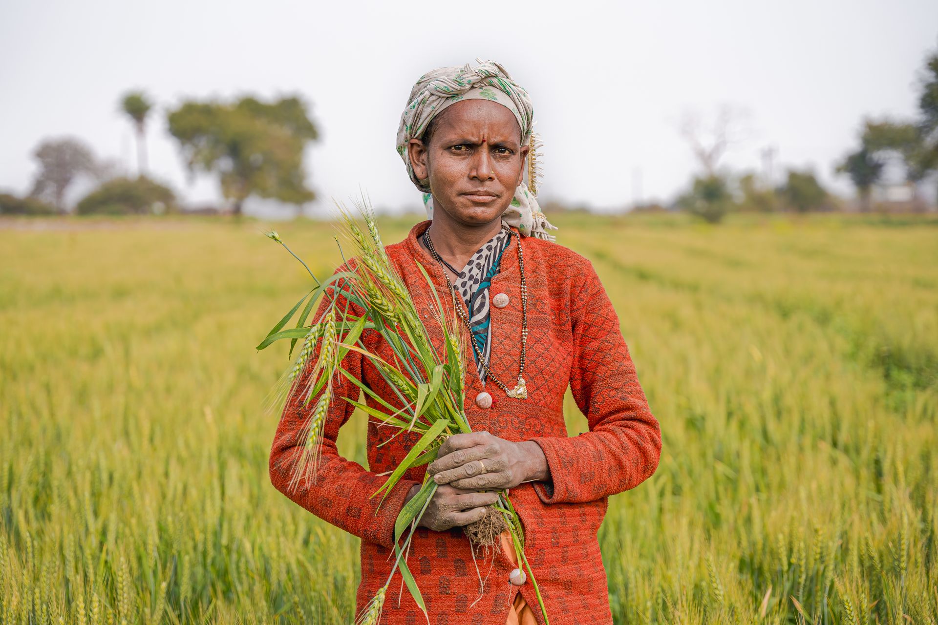 A female farmer stands in a lush field in Nagpur, India, holding harvested crops.