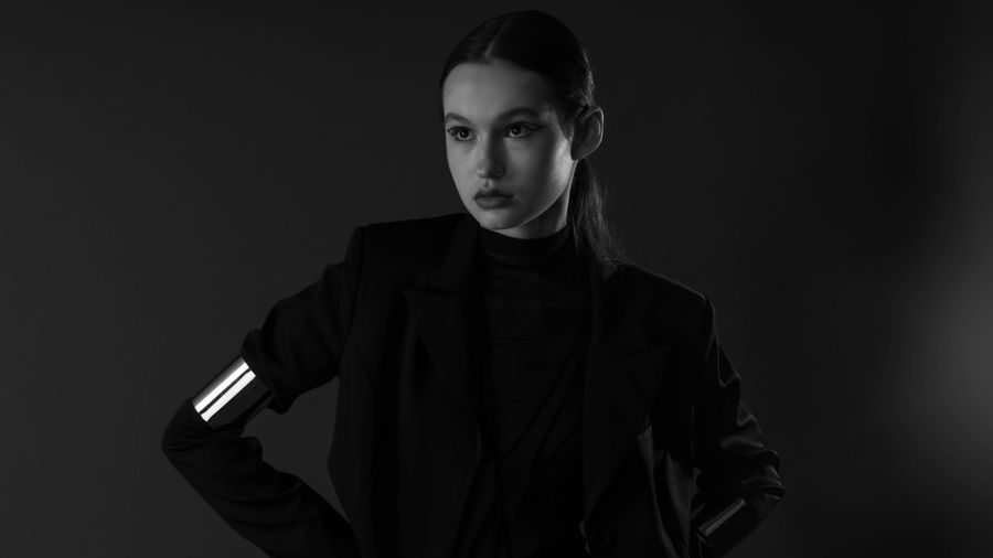 Late Transmission playlist cover — monochrome studio portrait by Alessandra Shalbe on Pexels