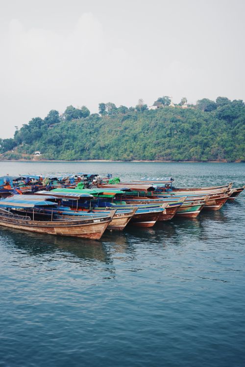 Free A cluster of traditional wooden boats in a serene harbor with lush hills in the background. Stock Photo