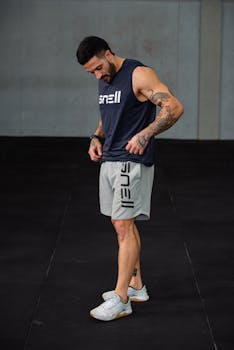 Muscular man in sportswear looking down, showcasing tattoos in an indoor gym setting.