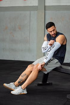 Bearded, tattooed athlete wearing sportswear, resting indoors on a gym bench.