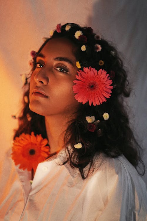 Brunette Woman with Flowers in Hair