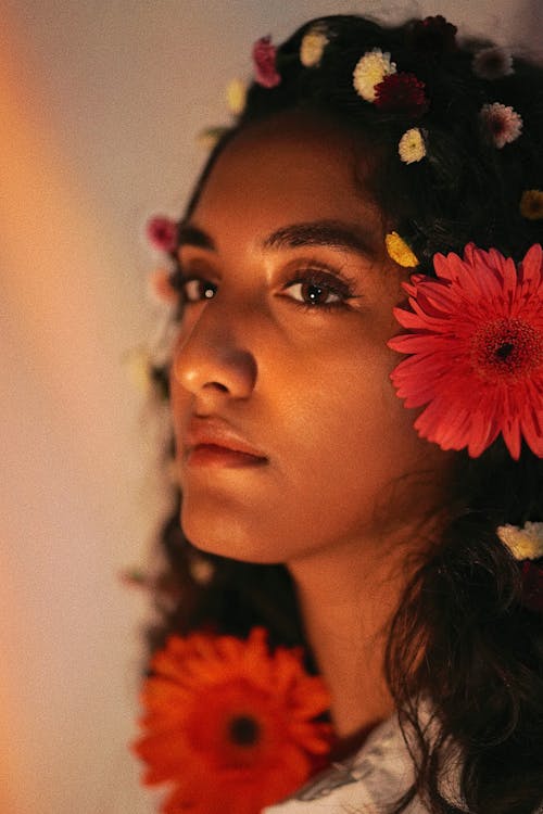 A woman with flowers in her hair