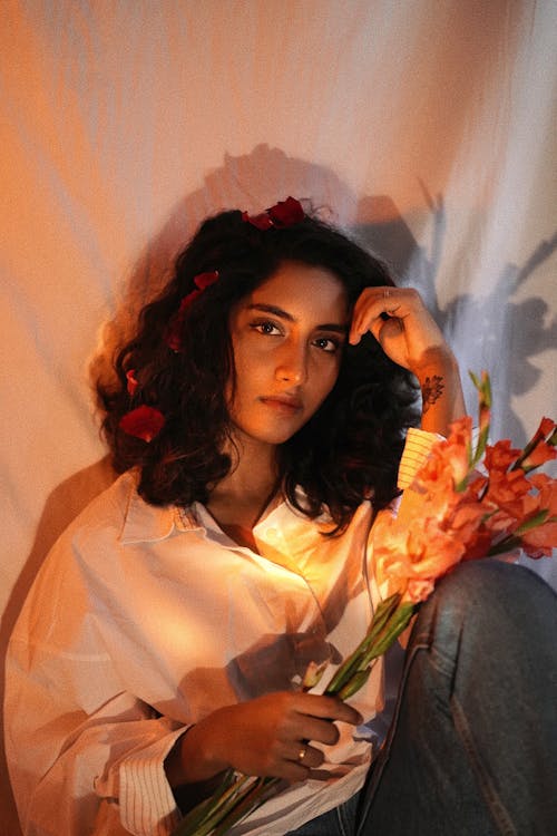 Brunette Woman with Flowers