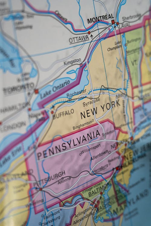 Free Paper Map with the States of Pennsylvania and New York Stock Photo