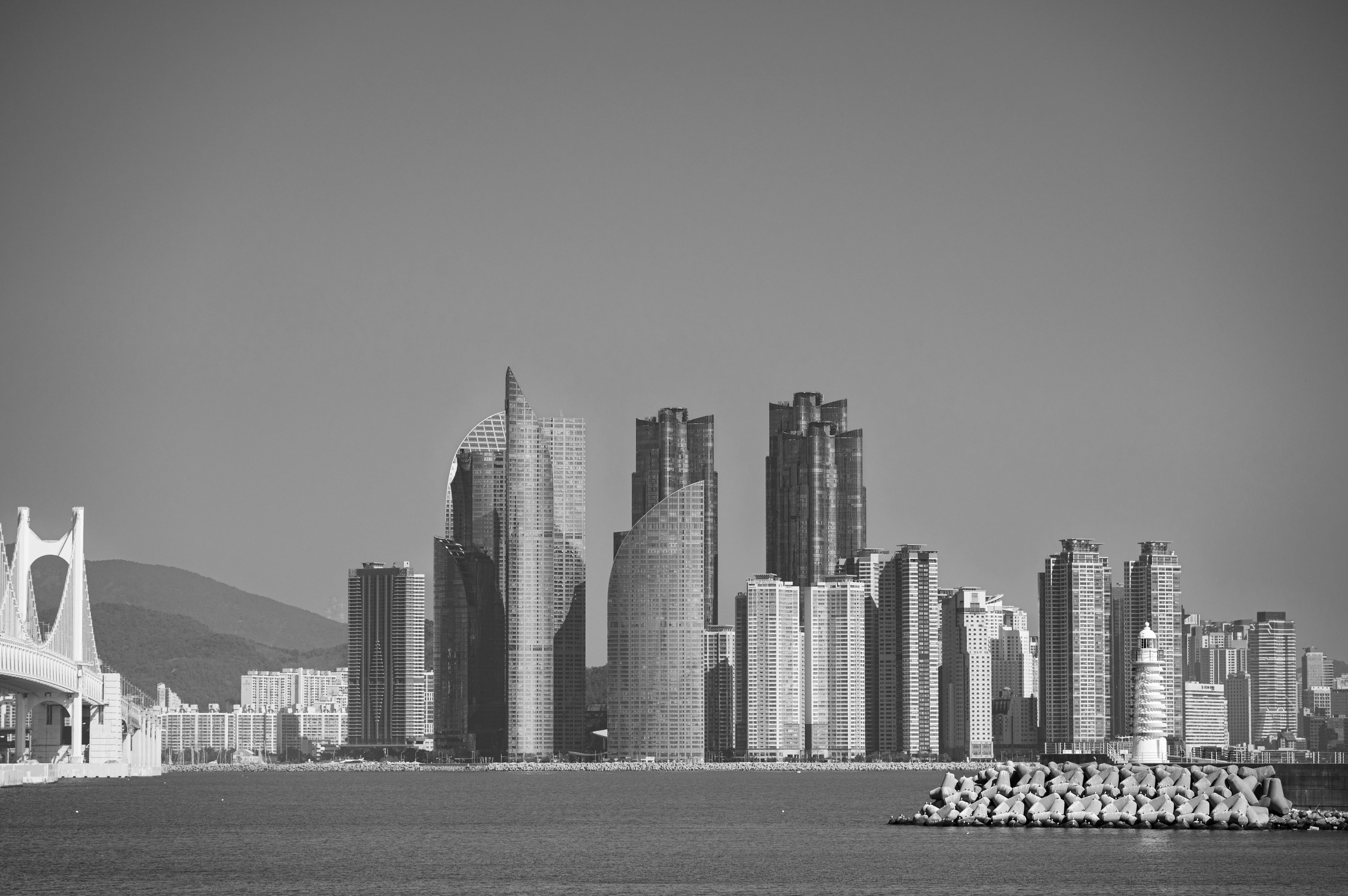 Striking black and white photo of Busan's iconic skyline and bridge.