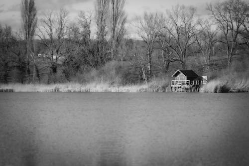 Black and White Photograph of a Hut by a Lake