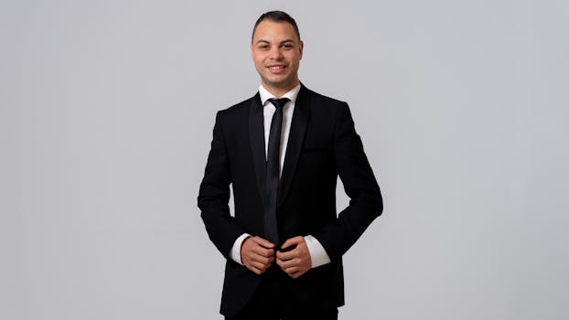 Confident man in a tailored black suit smiling against a white background.