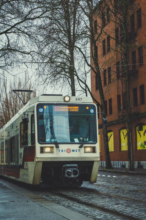 Free A tram travels on a city street lined with autumn trees and buildings. Stock Photo