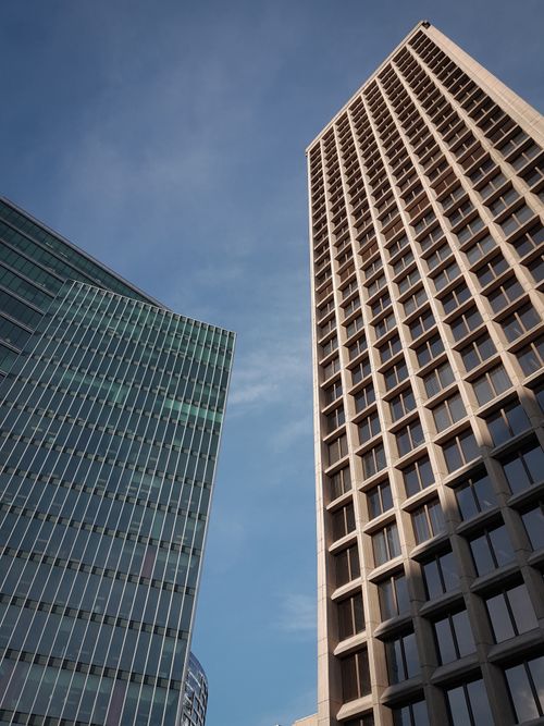 Free Dynamic view of Vancouver's modern skyscrapers against a clear sky. Stock Photo