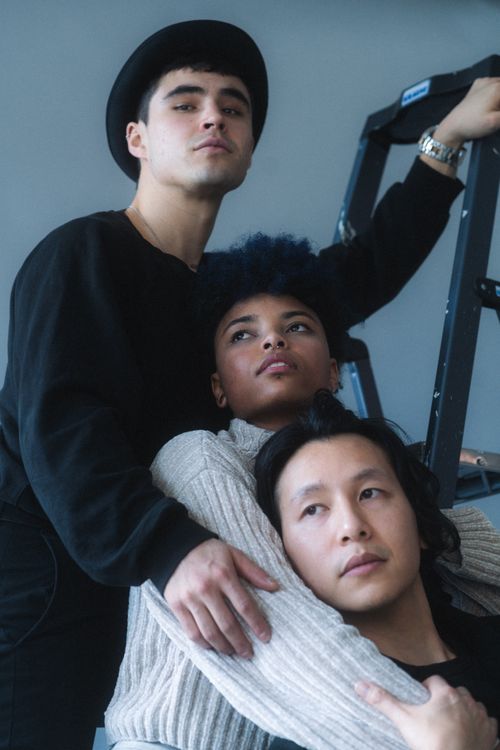Free Diverse group of young friends posing together with a ladder. Indoor setting with a sense of togetherness. Stock Photo