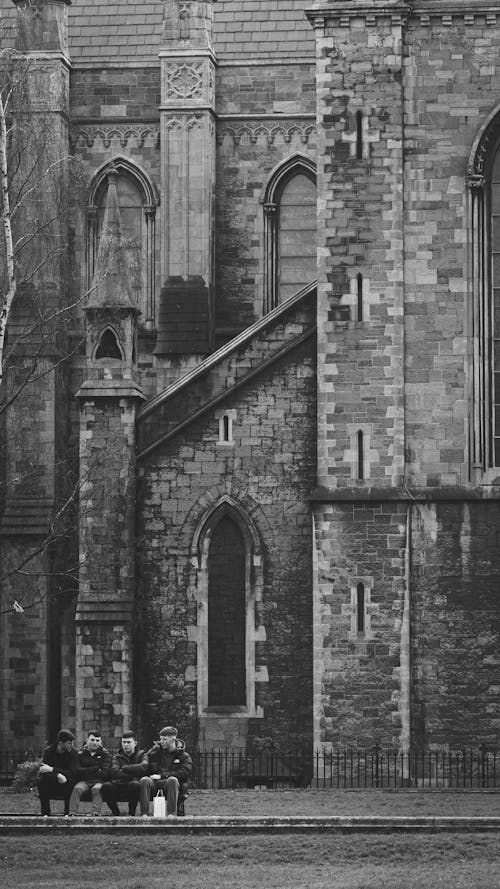 A black and white photo of a church