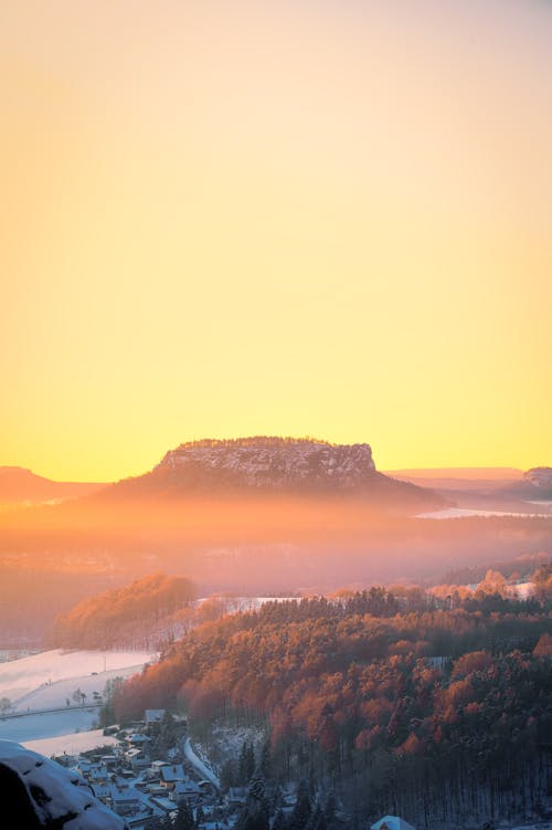 Clear, Yellow Sky over Hill and Forest in Winter