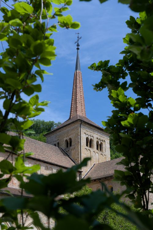 Free Gothic spire of Romainmôtier Priory framed by lush green foliage. Stock Photo
