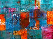 这幅动态抽象画色彩鲜艳、层次质感丰富，展现了现代艺术的表现力