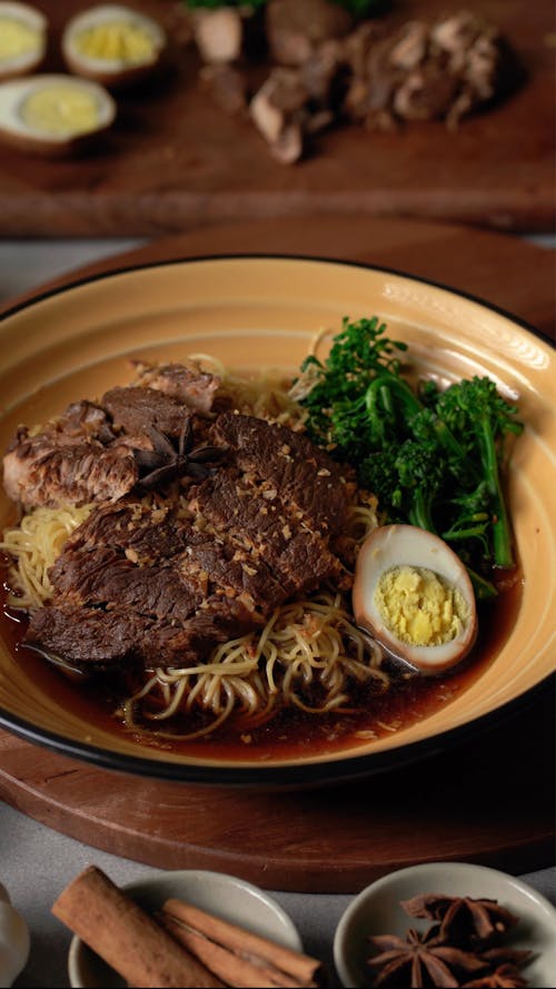 Beef Ramen with Egg and Green Celery