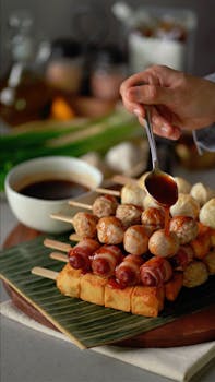 Skewered sausage and meatballs with savory sauce, perfect for appetizer platters.