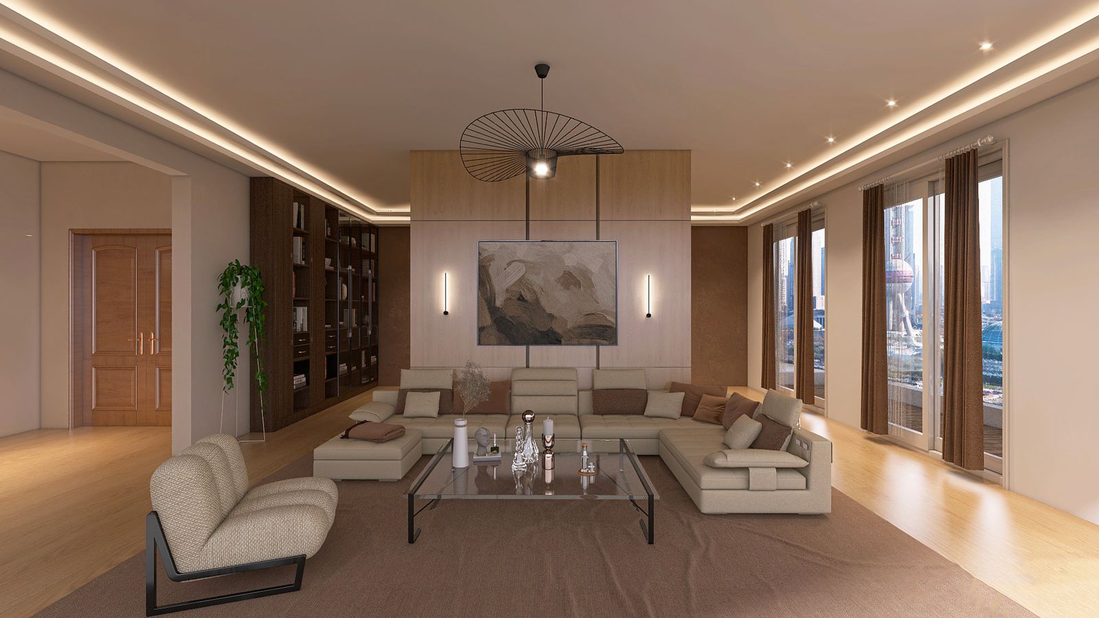 Spacious contemporary living room with open floor space and city views