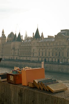 Vintage books on display by the Seine River, with Paris's historic buildings in the background.