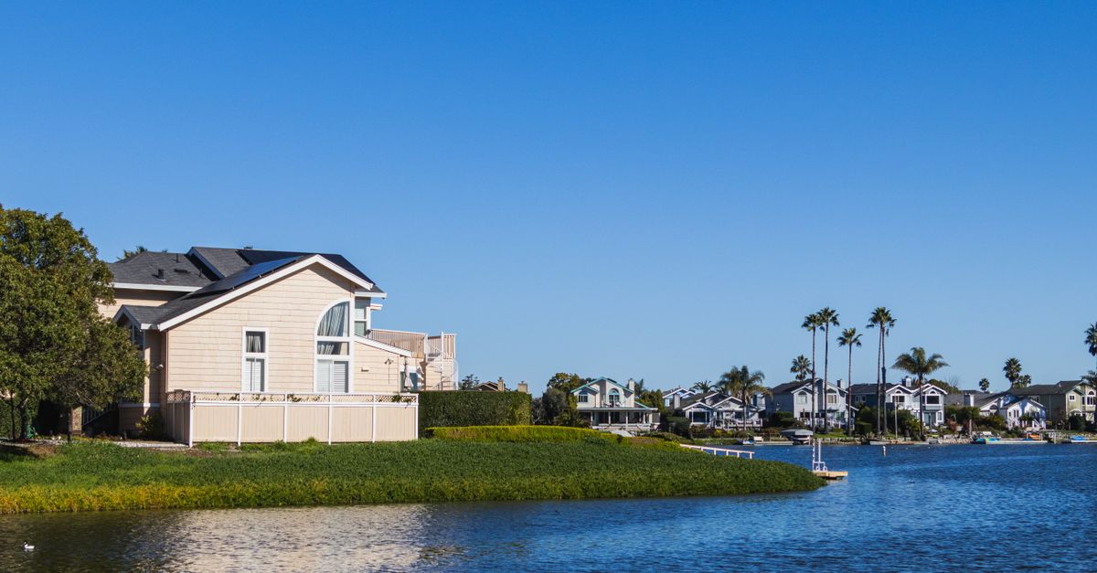 Charming lakeside residences lined with palm trees on a sunny summer day.