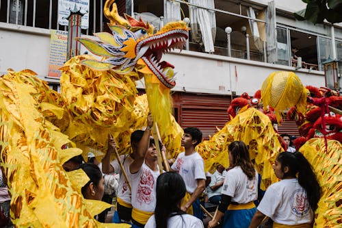 A dragon is being held up by people in a parade
