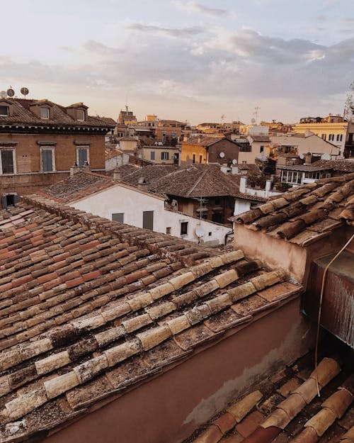 The roof of a building with a view of the city