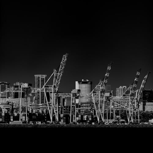 Black and white photo of a city skyline with cranes