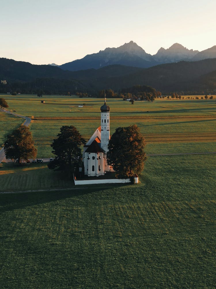 Aerial View Of The St Colomans Church, Schwangau, Bavaria, Germany 