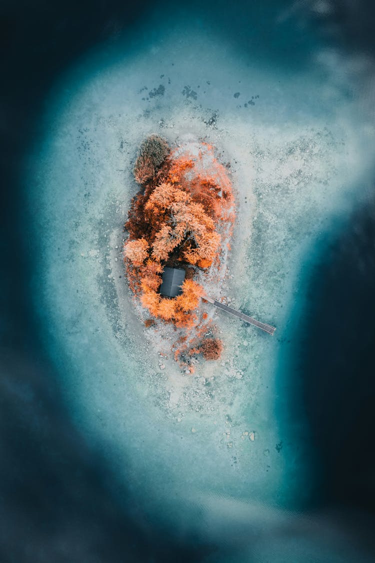 Top View Of The Maximilian Island On Eibsee Lake, Grainau, Bavaria, Germany 