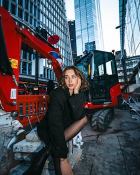 Woman posing by a red excavator in a cityscape setting, blending industrial and fashion themes.