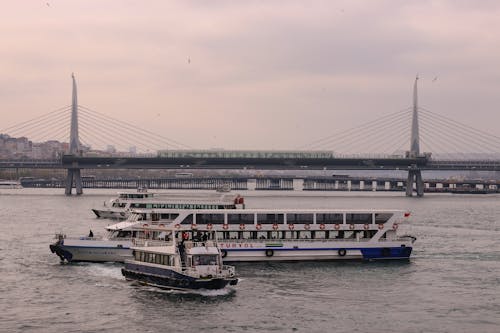 Ferries Sailing near Halic Bridge in Istanbul