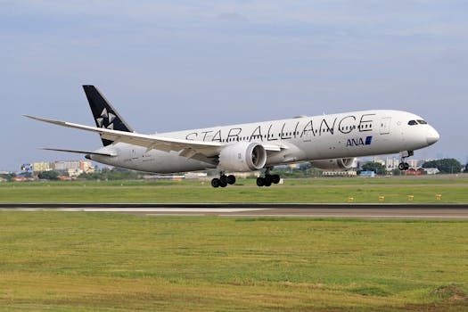 Boeing 787 Star Alliance aircraft landing on runway at a busy airport.