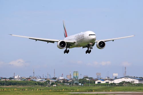 A large passenger jet taking off from an airport