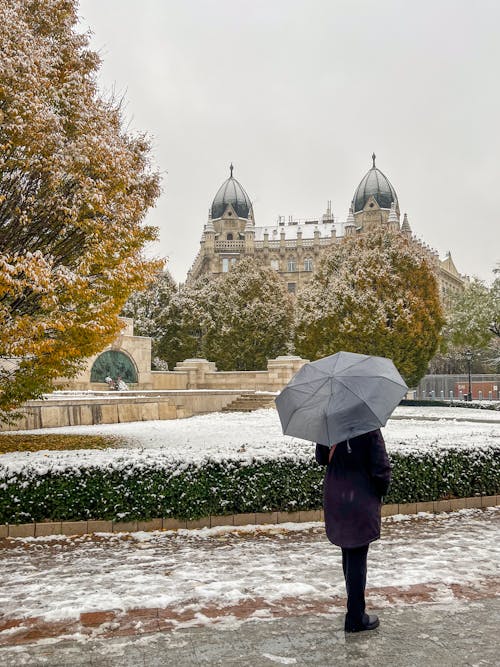 Woman with Umbrella at Liberty Square in Budapest in Winter