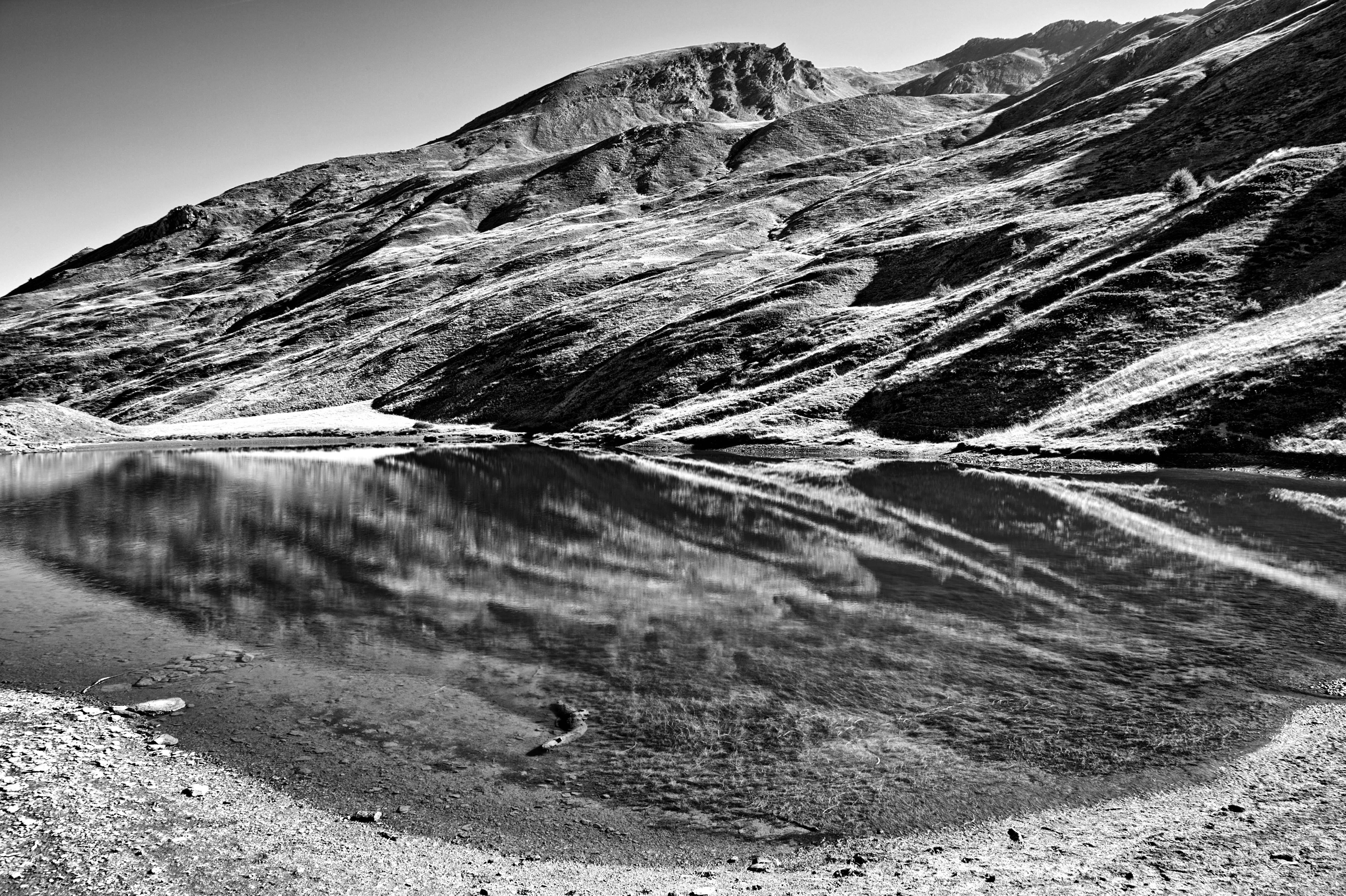 Black and white photograph of a mountain lake · Free Stock Photo