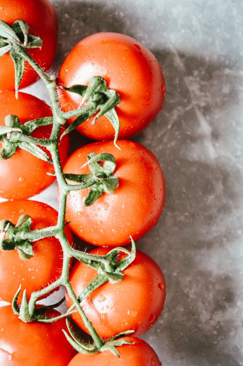 Free Close-up of fresh vine tomatoes with glistening water droplets on a marble surface. Stock Photo