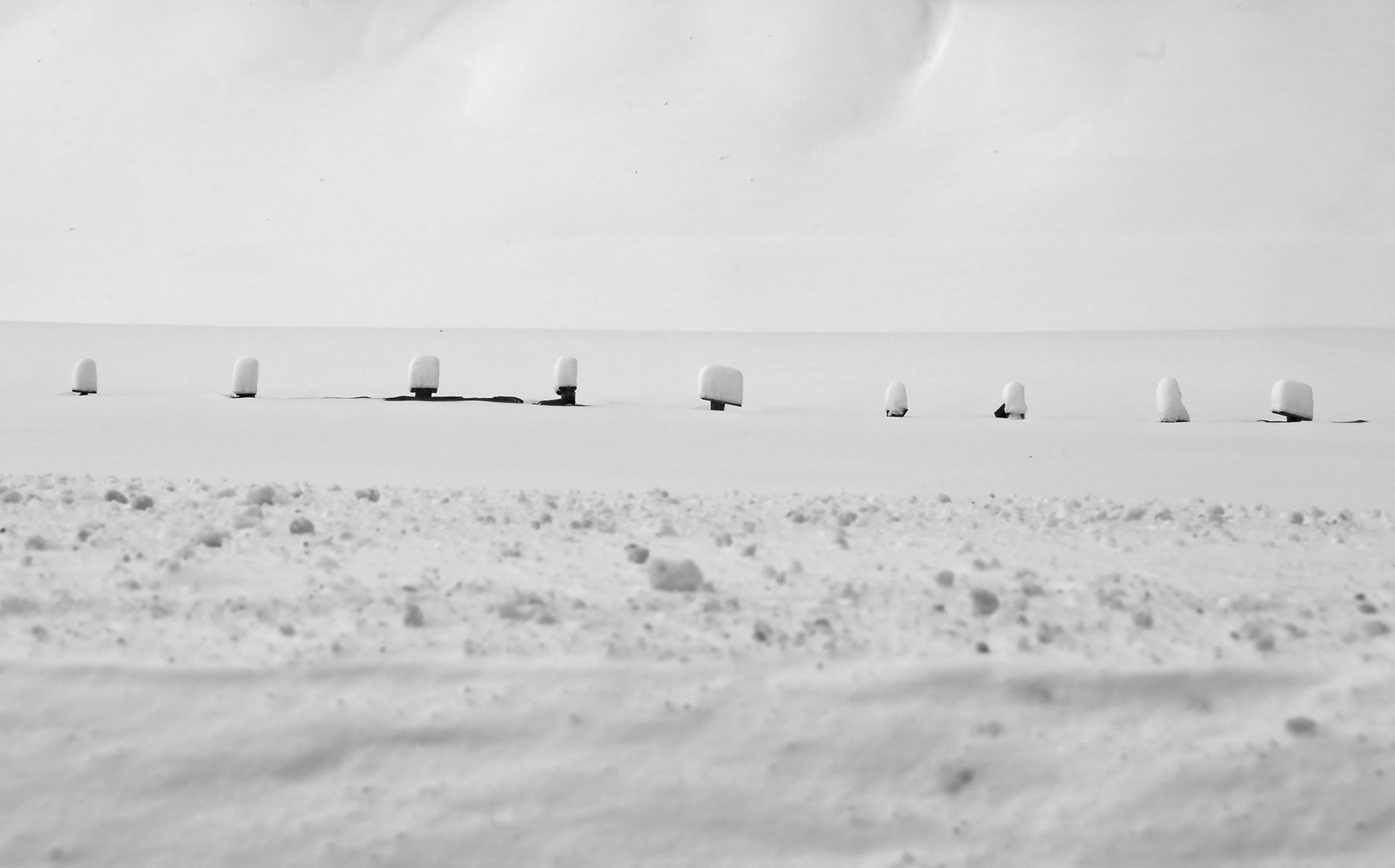 A serene snowy rural scene featuring snow-covered fence posts lined across a field.