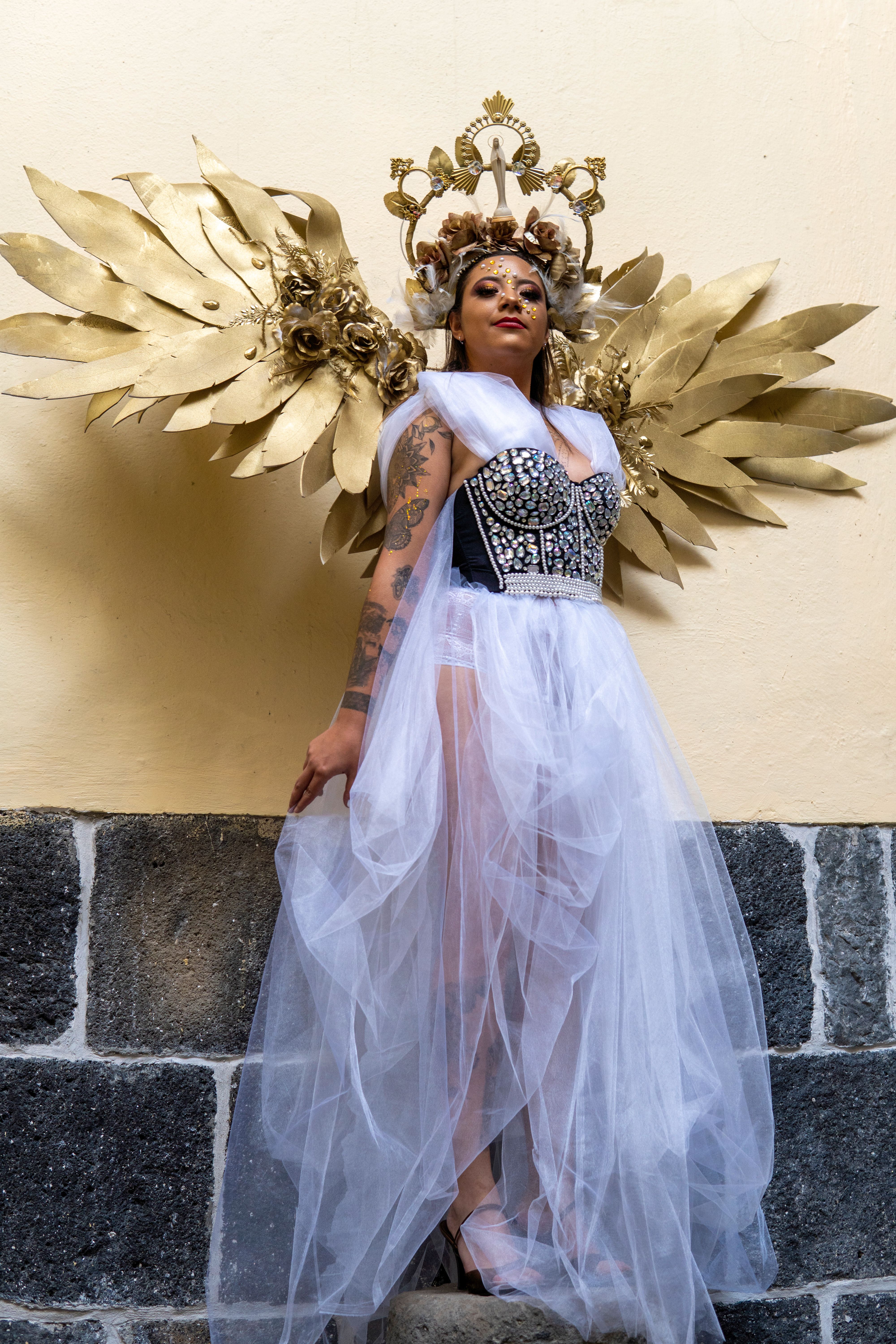 dress whites and gold wings [SPECIAL EDITION] Gold Angel Wings Elegant Lace and & Chiffon Dance Ga