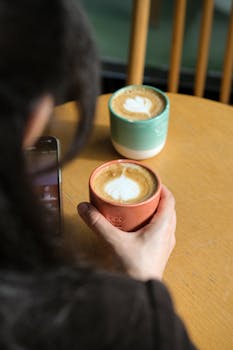 A woman holding a cup of coffee and a cell phone