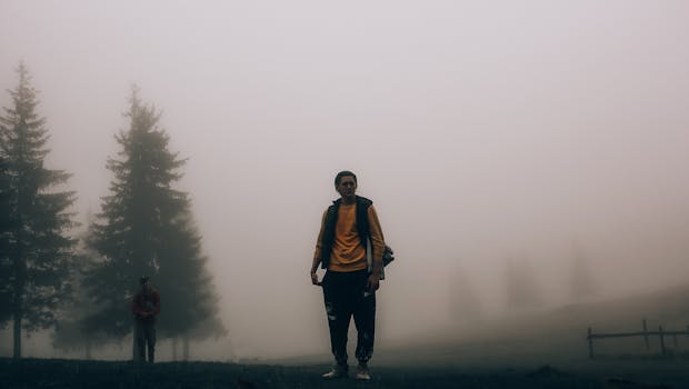 Silhouette of hikers in a foggy forest landscape, creating an atmospheric and mystical scene.
