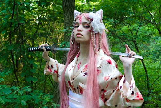 A mesmerizing cosplay portrait of a woman with pink hair and kimono, holding a katana in a lush forest.